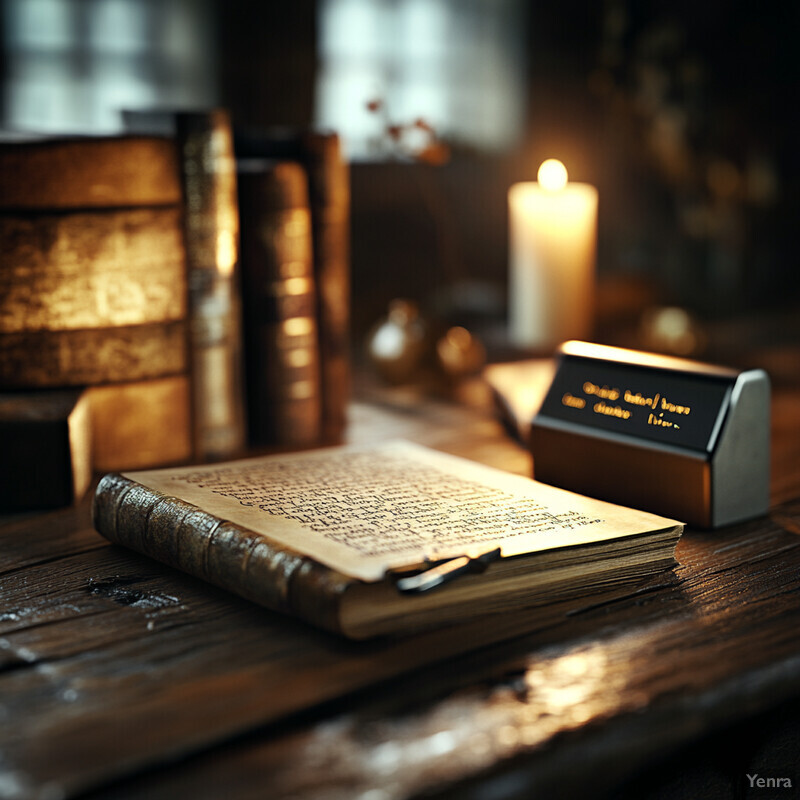 An old book lies open on a wooden table, surrounded by other books and papers.