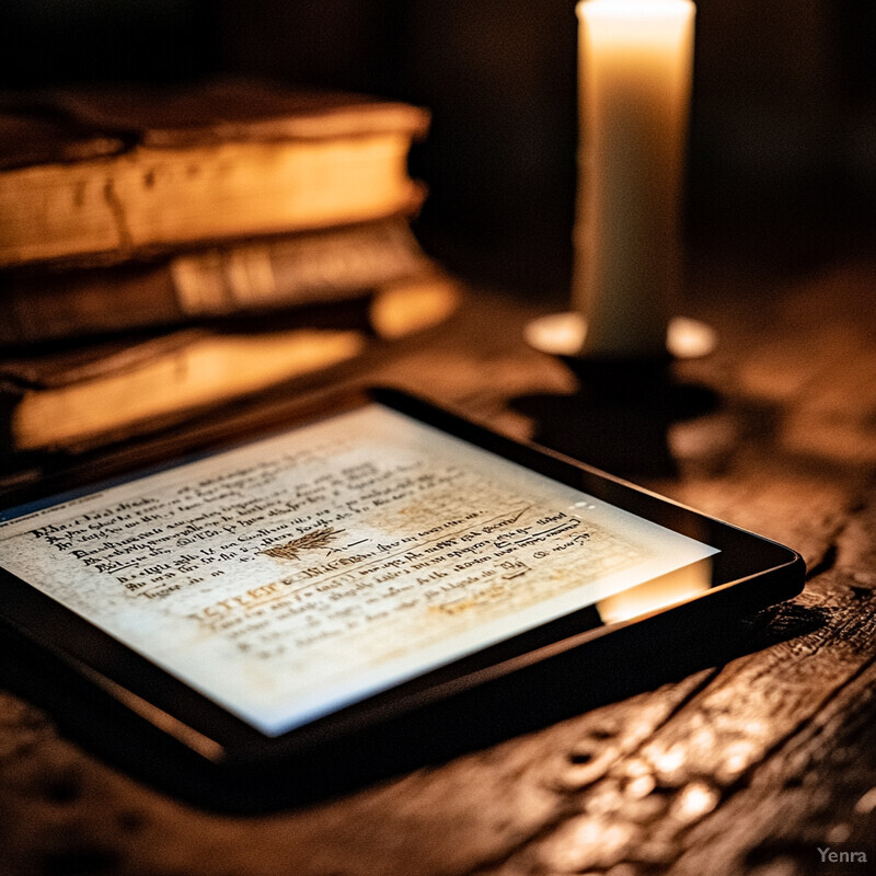 An e-reader on a wooden table, illuminated by candlelight and surrounded by old books.