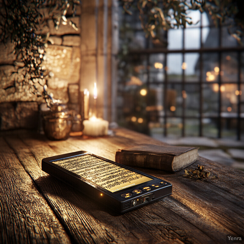 An old wooden table in a dimly lit room, with a burning candle and an old book on top.