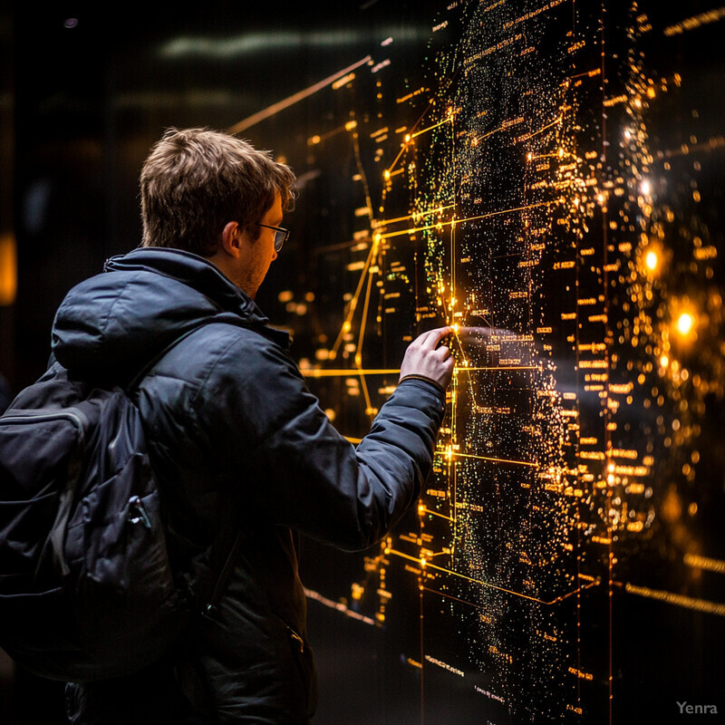 A man examines a large screen displaying a complex pattern of yellow lines and dots on a black background.