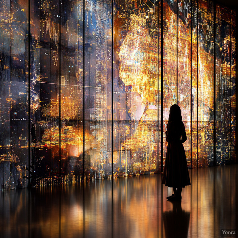 A woman stands in front of an abstract art installation, surrounded by warm colors and a sense of energy.