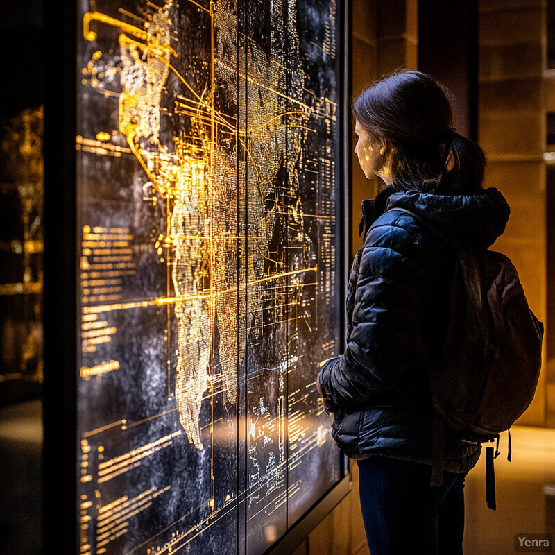 A woman stands in front of a large display screen, studying a map or chart with gold-colored lines and text on a black background.