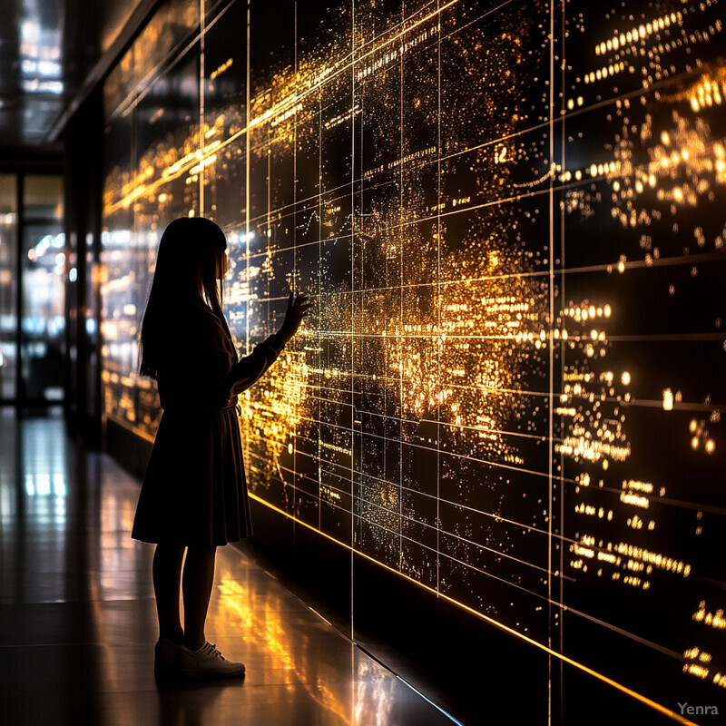 A woman interacts with a large screen displaying a grid pattern in an office setting.