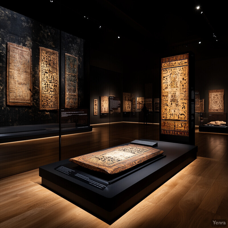 An art gallery or museum setting showcases a collection of intricately designed rugs and carpets.