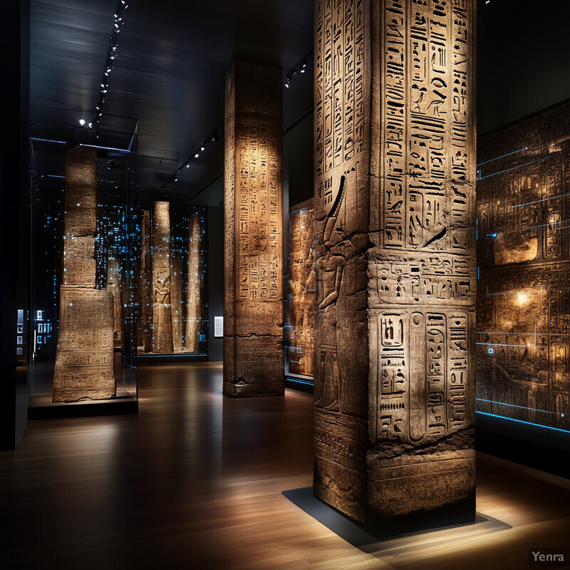 A collection of ancient Egyptian artifacts, including stone pillars with intricate hieroglyphics and carvings, displayed in a darkened room or gallery.