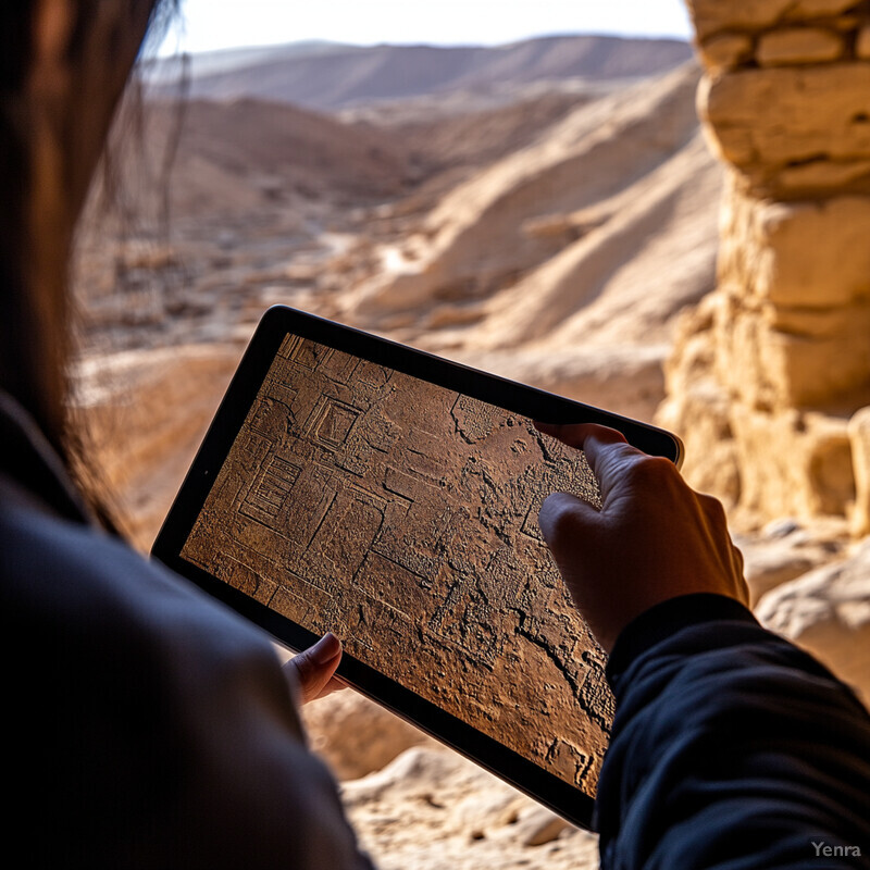 A person is using an electronic tablet to analyze data in an archaeological site.