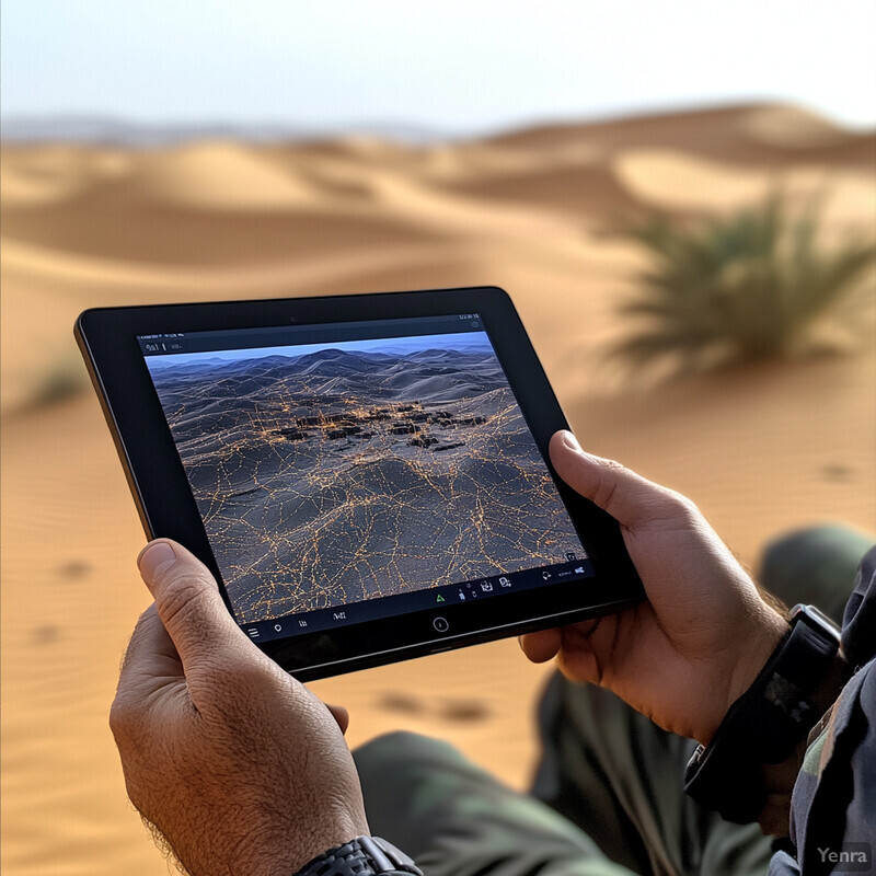 A person sitting in the desert with an iPad displaying a map.