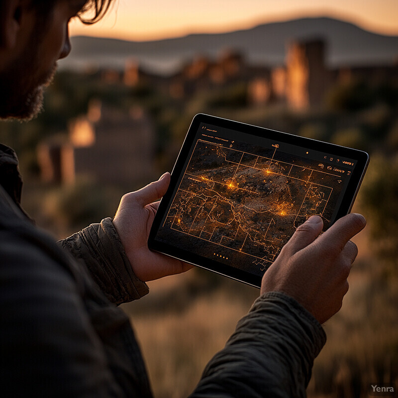 An individual uses a tablet to analyze data related to archaeological prospecting in an outdoor setting.