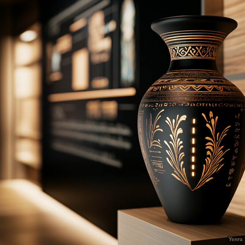 A black and gold vase on display in an art gallery or museum setting.