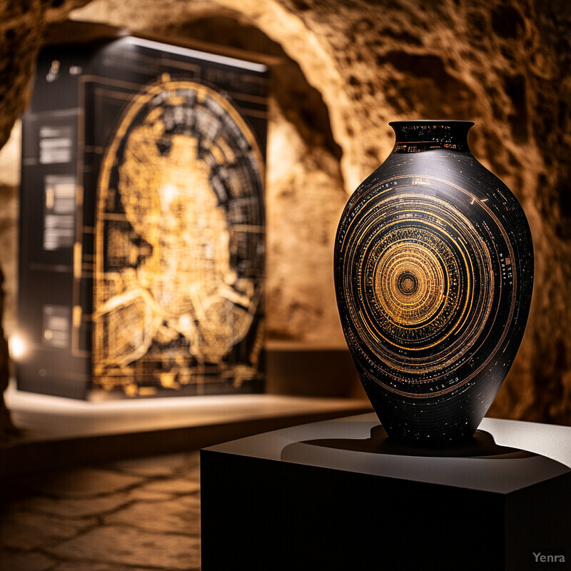 An artifact tracing exhibit in a dimly lit room with stone walls and arched doorways, featuring a large black vase with gold patterns and a wall-mounted display of a circular diagram.