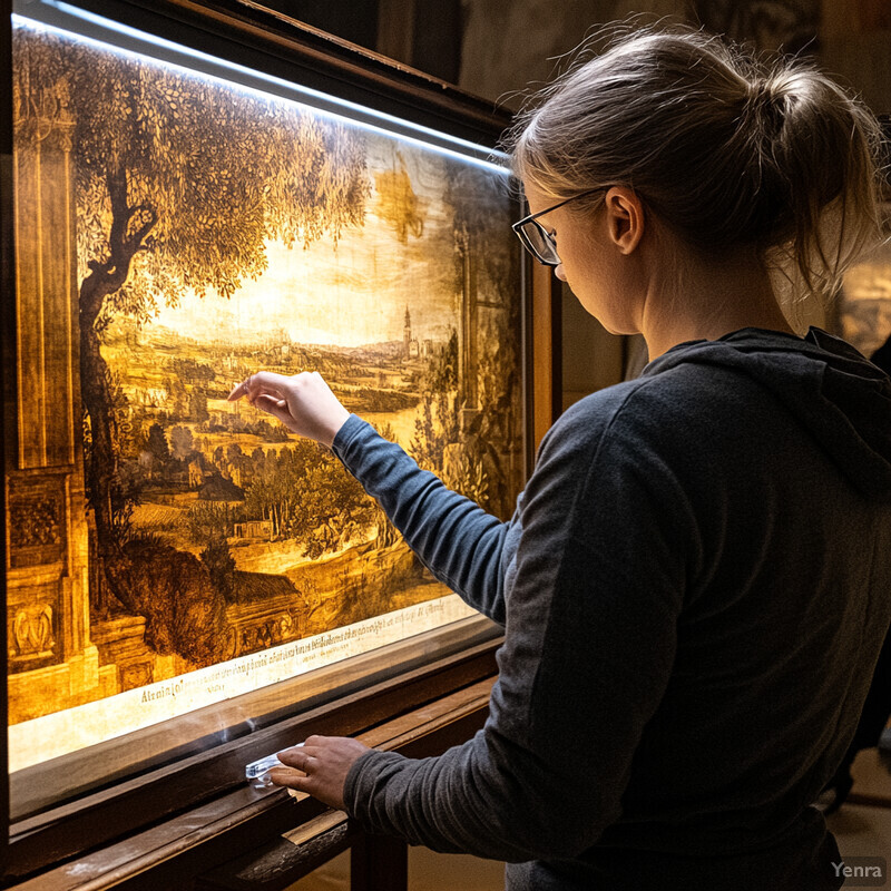 A woman stands in front of a display case containing an artistic reconstruction of a landscape painting, pointing to it with her right hand.