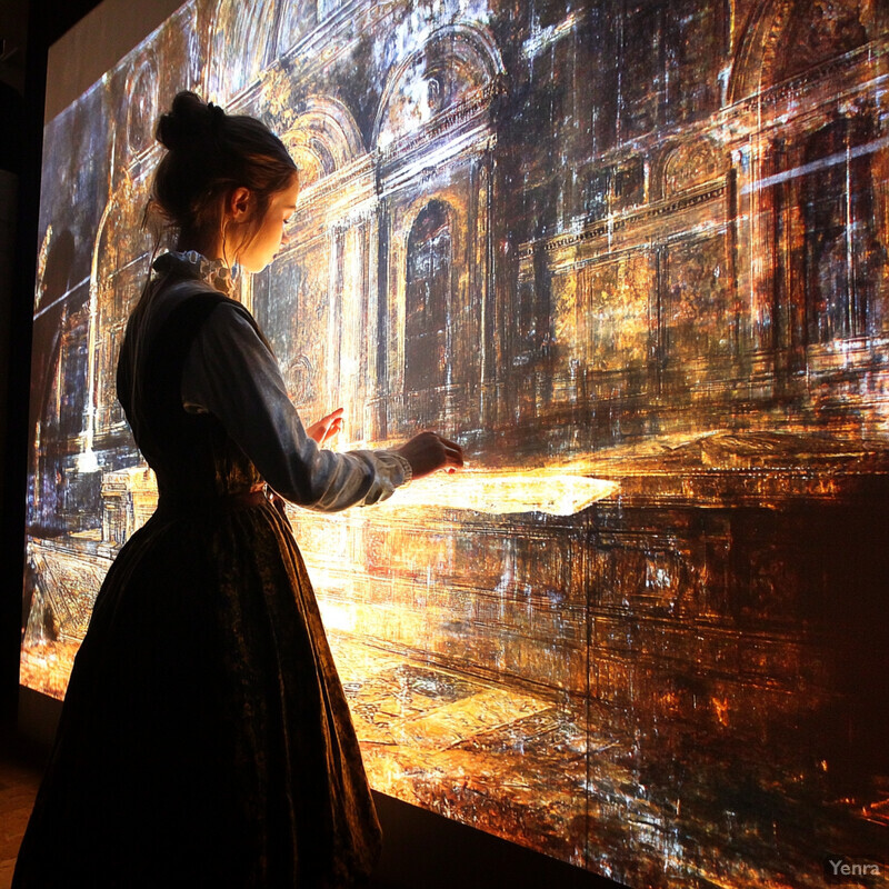 A woman stands in front of a large screen displaying an artistic rendering of a building.