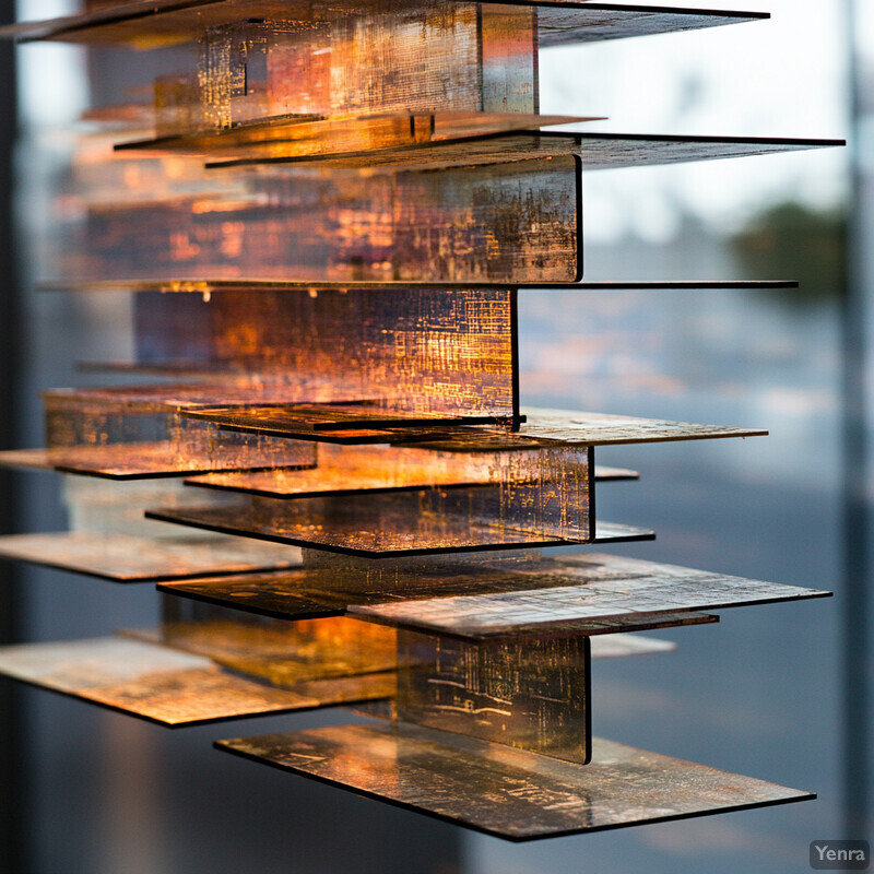 A unique bronze and gold metal sculpture featuring stacked plates in an alternating pattern.