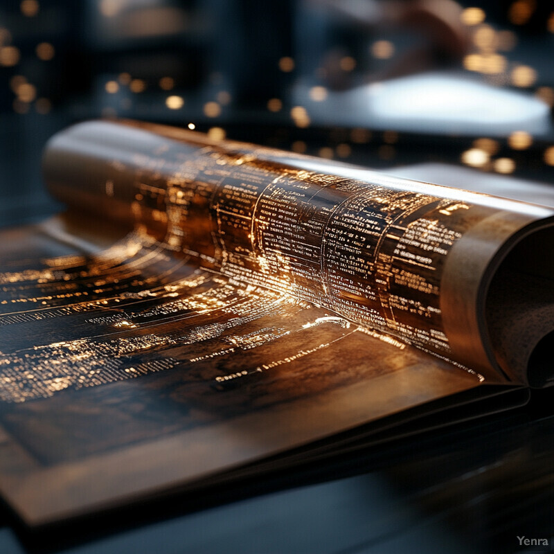 A large, rolled-up book with gold lettering and symbols on its surface is placed on a flat surface.