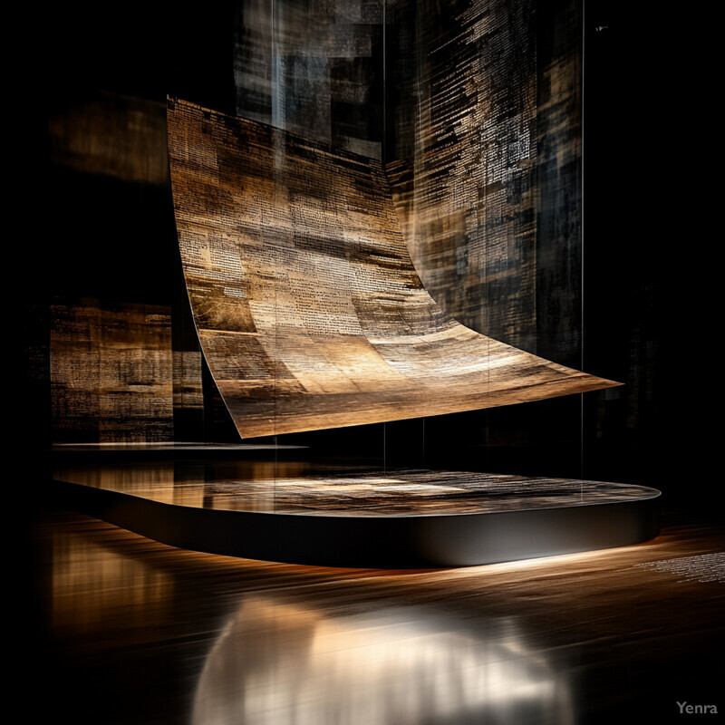 A large, curved wooden panel suspended from the ceiling in front of a black wall, illuminated from behind to highlight its texture.