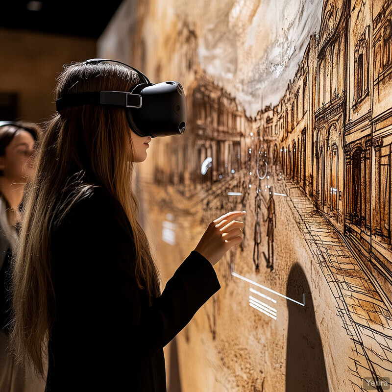 A woman wearing VR goggles interacts with a large mural on a wall, possibly in an indoor setting.