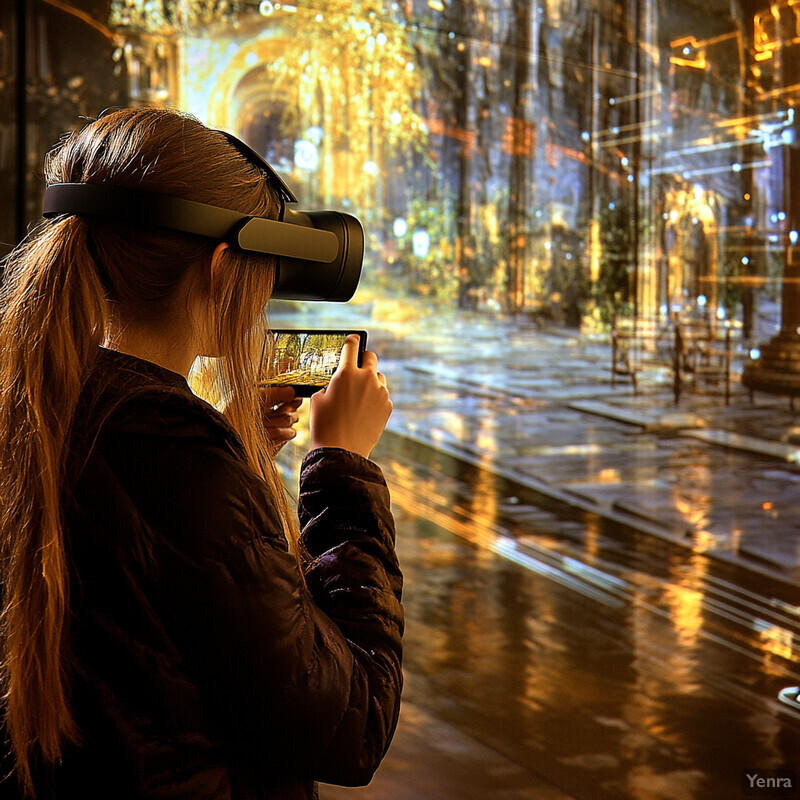 Woman wearing VR headset and using AR app on her phone.