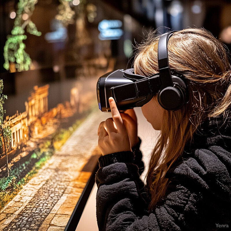 A woman wearing virtual reality or augmented reality goggles intently gazes at an immersive digital environment projected onto a large screen in front of her, set against a blurred background that appears to feature a city street.