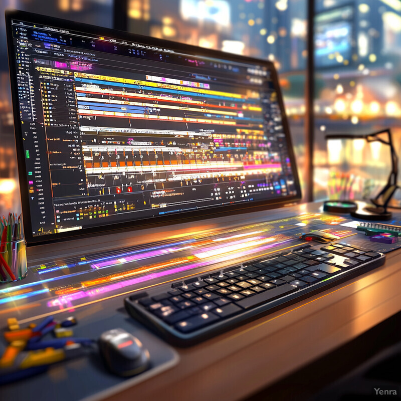 A computer screen displaying code on a desk in an office setting.