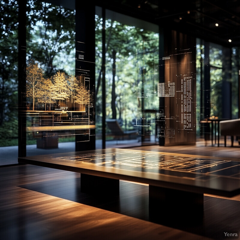 A modern living room with a black coffee table and wooden brown flooring, featuring an empty space for seating and furniture in the background.