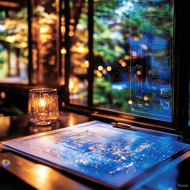 Cozy room with architectural plans and candlelight.