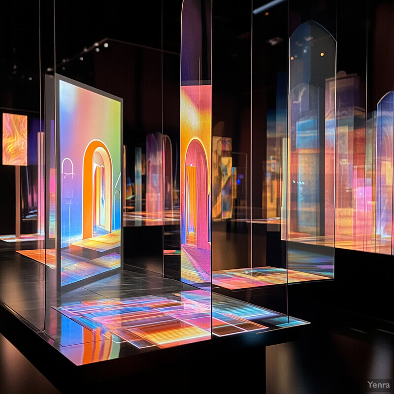 Vibrant glass cases with rainbow-colored light displays create a sense of depth and dimensionality in this art installation.