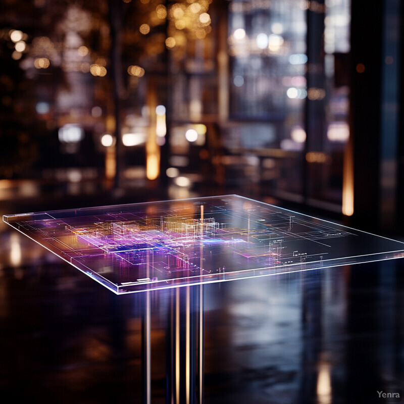 A futuristic scene featuring a glowing, transparent table with circuit board-like patterns and a blurred cityscape in the background.