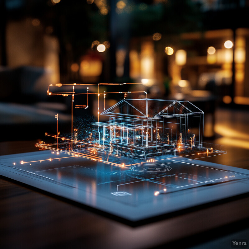 3D model of a house superimposed onto a blueprint on an office desk