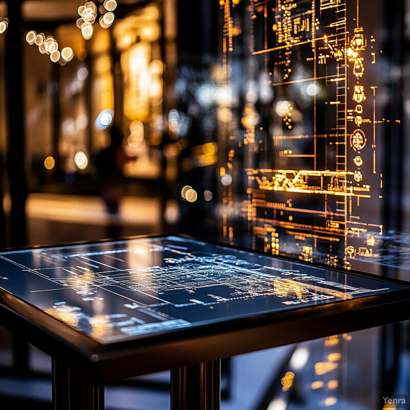 A futuristic-looking table with a glowing blue blueprint or schematic on its surface in an office or laboratory setting.