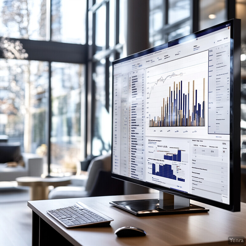 Computer monitor displaying charts and graphs in an office setting.