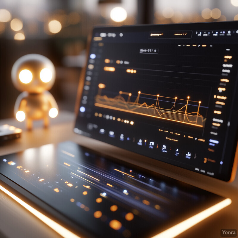 A laptop screen displaying a graph and other elements in a blurred office setting.