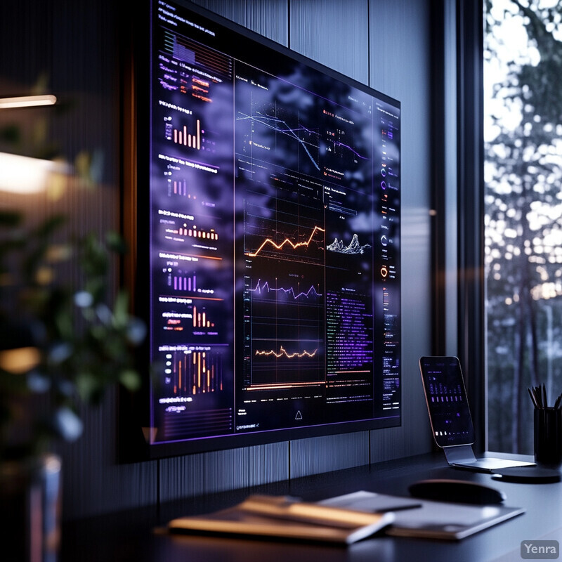 A large screen displaying graphs and charts sits on an office desk near a window.