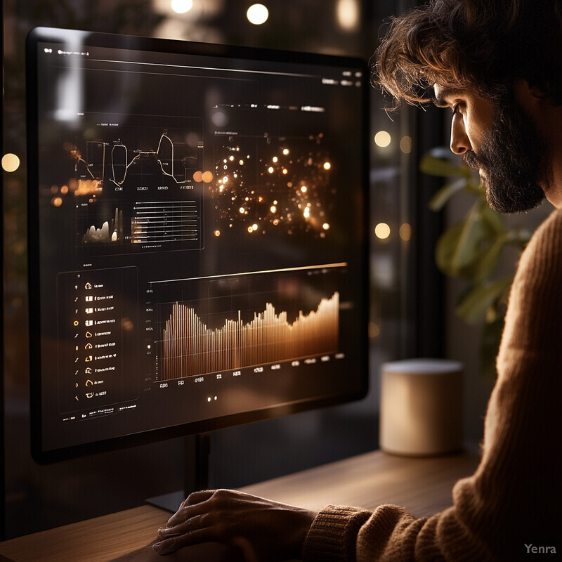 A man works on his computer at night, surrounded by graphs and charts related to cost and budget optimization.