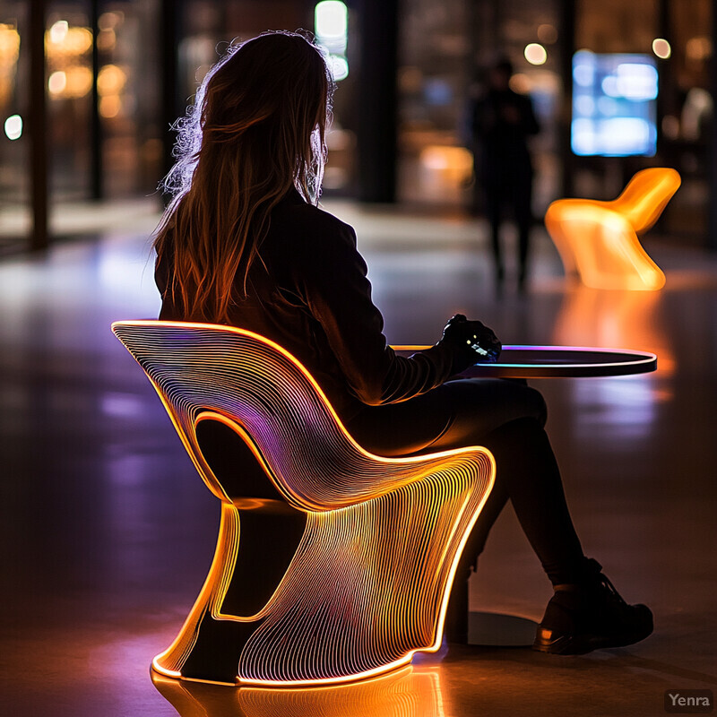 A woman sits on a unique chair with a table in front of her, surrounded by other similar chairs and indistinct shapes.