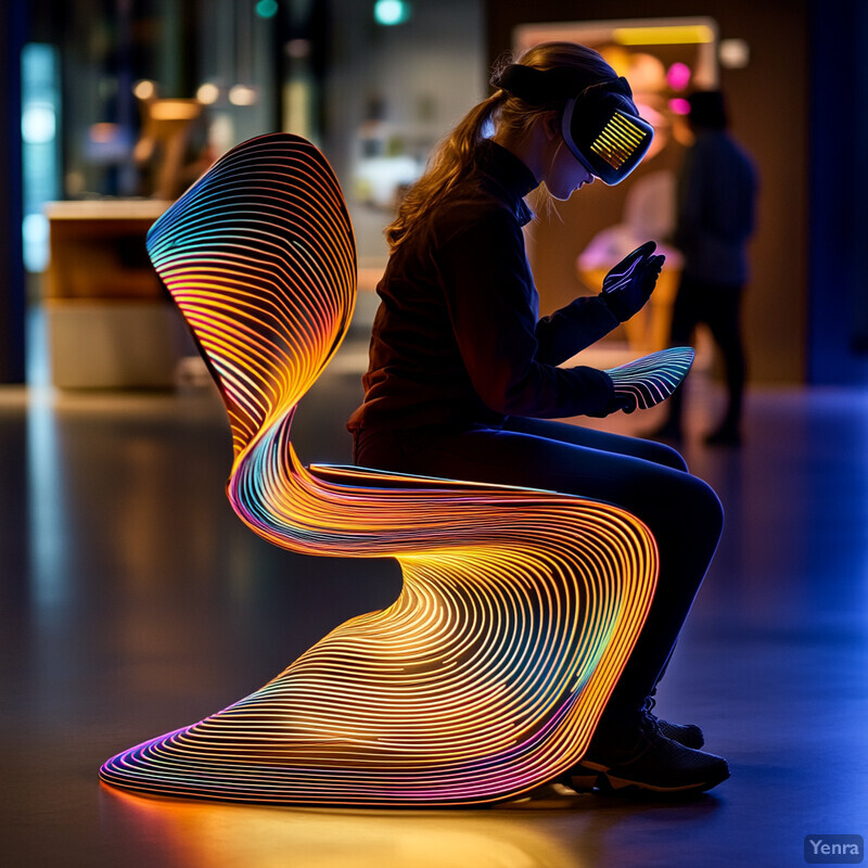 A woman sits on a unique chair wearing virtual reality goggles and holding controllers, surrounded by other people in a modern, high-tech setting.