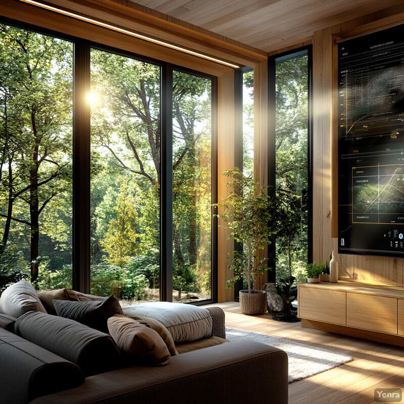 A cozy living room with large windows and natural light, featuring a brown couch and TV stand.