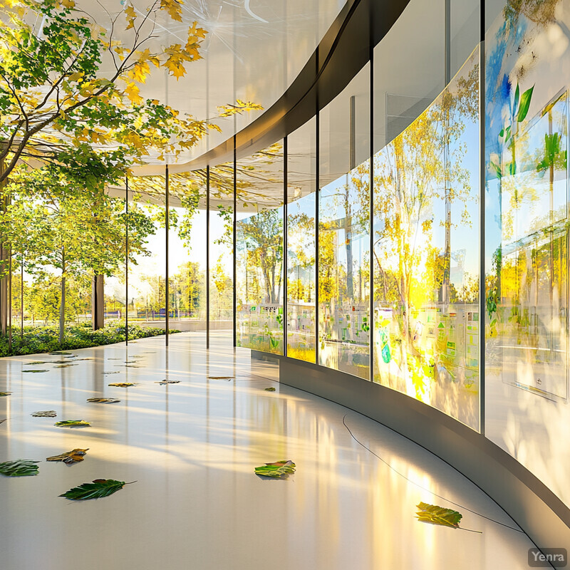 A modern glass wall with a view of trees and foliage outside.