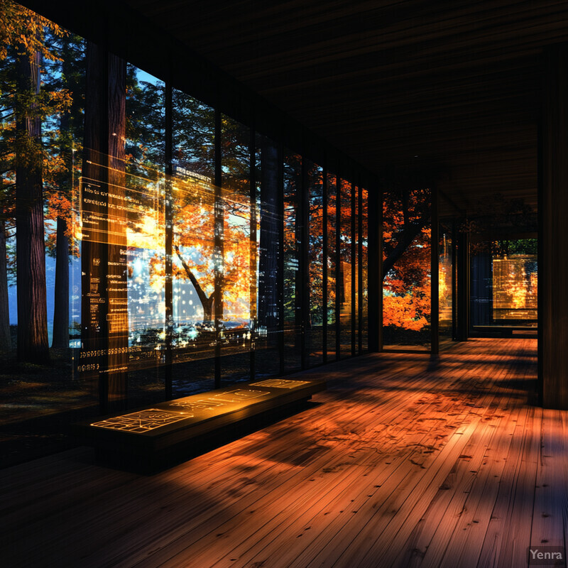 An interior room with wooden floors and walls lined with large windows offering a stunning view of autumnal trees outside.