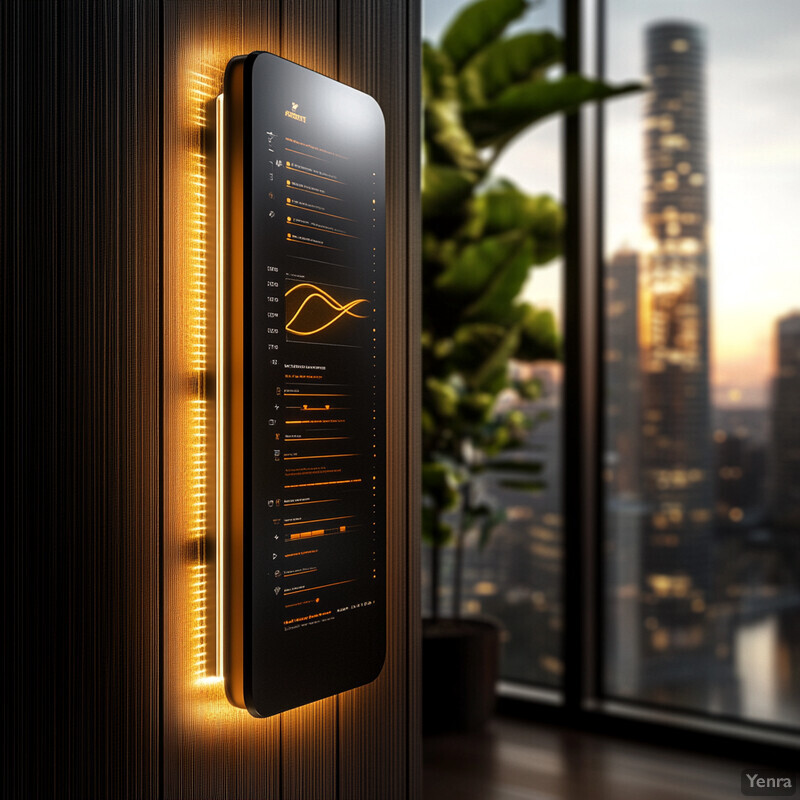 A sleek wall-mounted device designed to optimize energy consumption, featuring a gold-colored frame and black screen with interactive icons representing various devices.