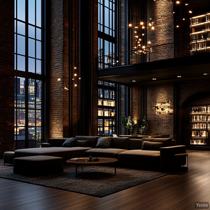 A cozy and sophisticated living room with exposed brick walls, a plush gray sectional sofa, and warm lighting.