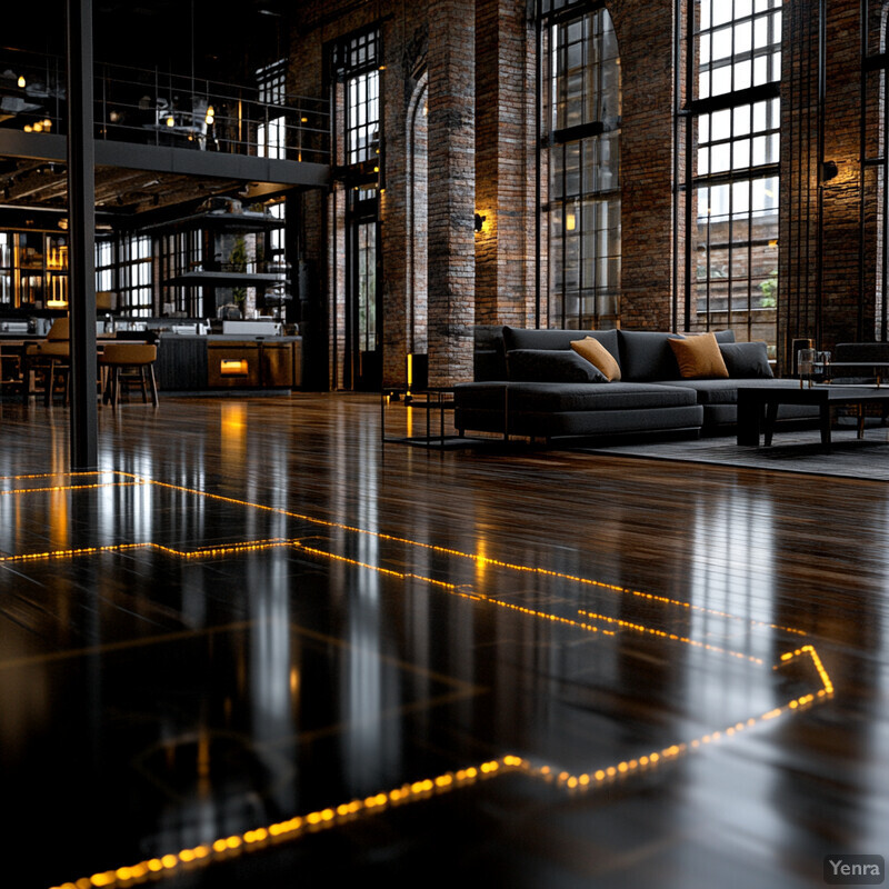 A modern office space with a black couch and yellow accents.