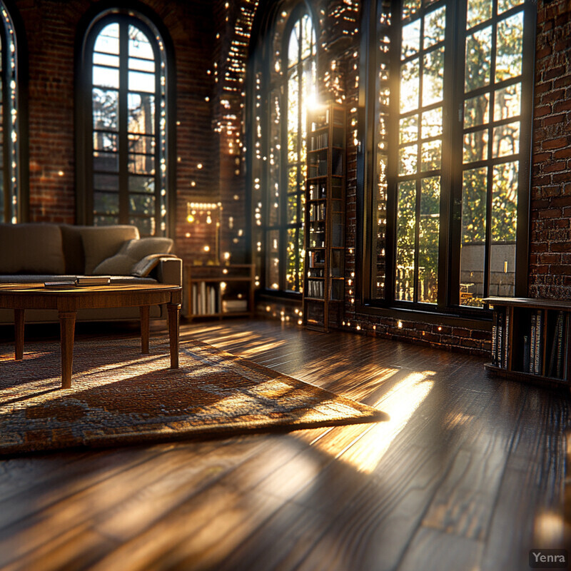 A cozy living room with a warm atmosphere, featuring a brown couch, bookshelf, and dark wood floor.