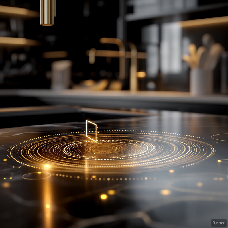 A futuristic-looking kitchen with dark gray and black cabinets, featuring gold accents on the handles.