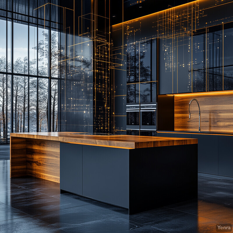 A modern kitchen with dark gray cabinets and light brown countertops.