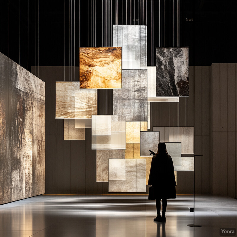 A woman stands in an art gallery or museum, gazing at a large artwork on display.