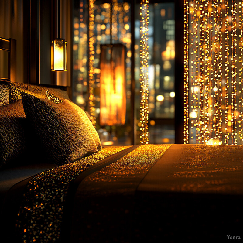 A bedroom with a cozy atmosphere, featuring dark-colored linens and golden wall sconces.