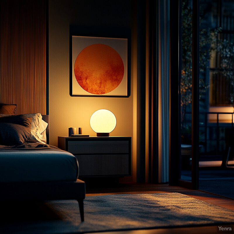 A serene bedroom with a focus on relaxation and comfort, featuring a dimly lit atmosphere, unmade bed, and soft lighting from the bedside lamp.