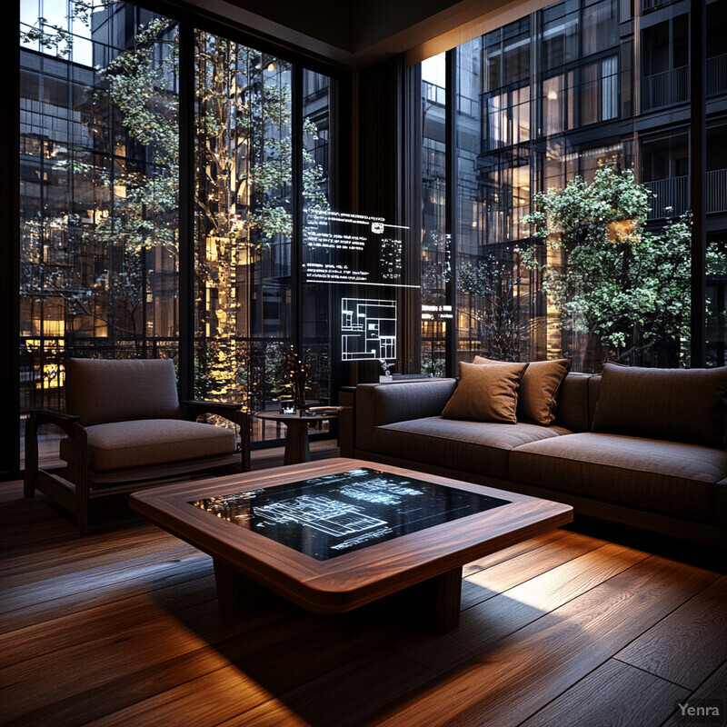 A modern living room with a wooden coffee table and digital display, featuring a brown couch and armchair.