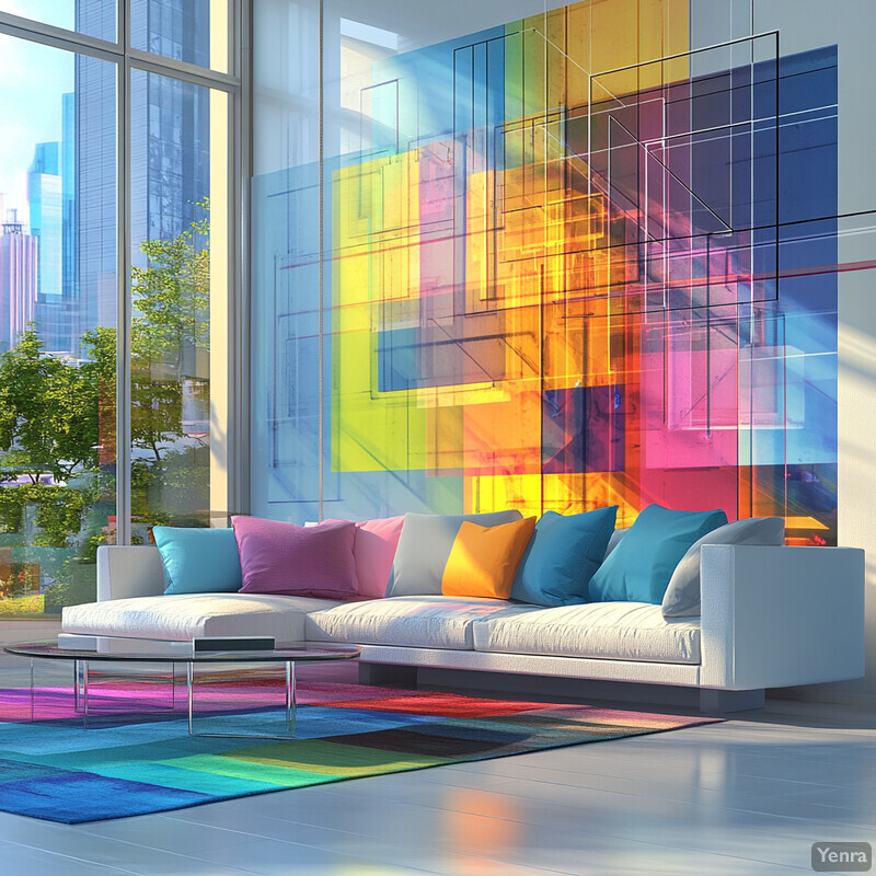 A modern living room with a white sofa and vibrant rug, perfect for relaxation.