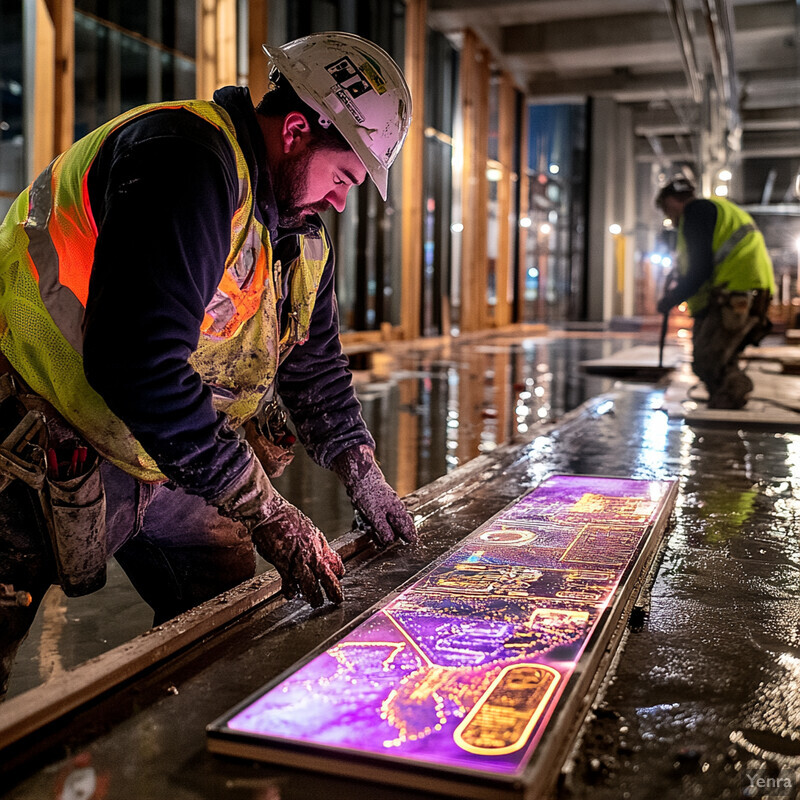 Two workers examine a purple sign or advertisement on a construction site at night.